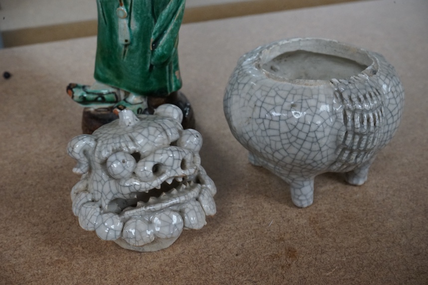 A Chinese crackle glaze 'luduan' censer and cover and a Shiwan figure of a man, 17cm. Condition - fair